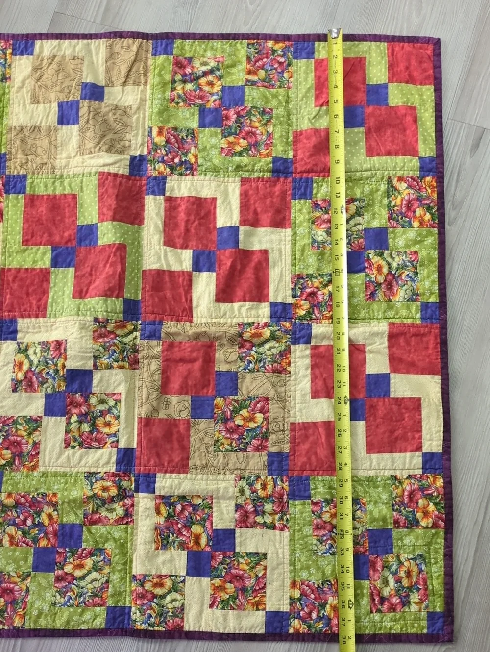 Handmade Floral Patchwork Quilt Wall Hanging Signed by Grandma Colorful Folk Art